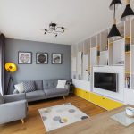 Camera este simplă, dar combinația de culori dinamică și urbană. Accentele de galben sunt binevenite mai ales într-o locuință aflată la Brașov, un oraș cu multe zile ploioase și înnorate.