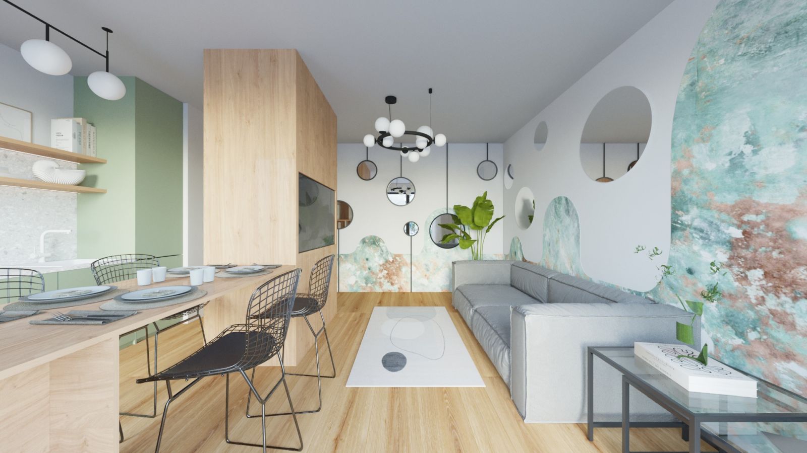 De multe ori prin modul de mobilare se pot rezolva problemele de dispunere a principalelor zone dintr-un open space, cum e și cazul unui living deschis către bucătărie.