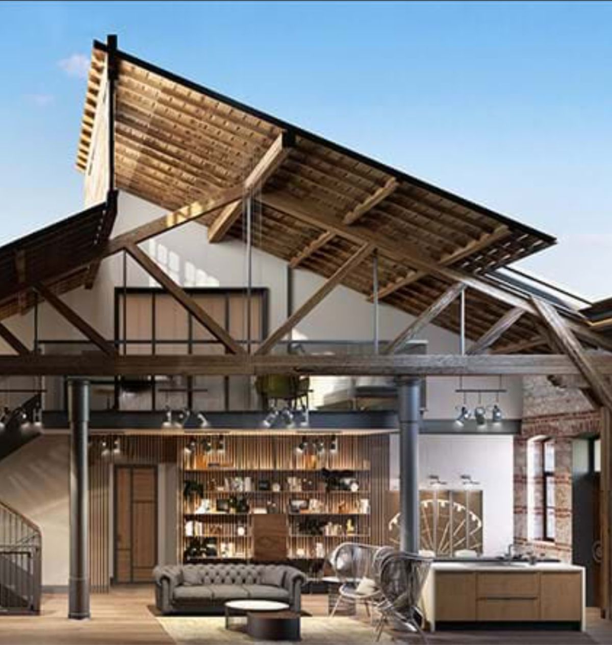 Imaginea fotorealistă din faza de proiect (randarea) te poate lămuri asupra modului cum e conceput interiorul, mai exact cum este configurat spațiul de la etaj și cum arată de fapt acoperișul.
